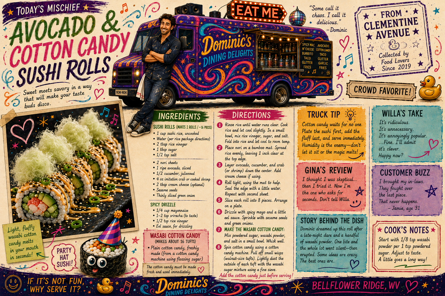 Dominic's Avocado and Cotton Candy Sushi Rolls recipe graphic