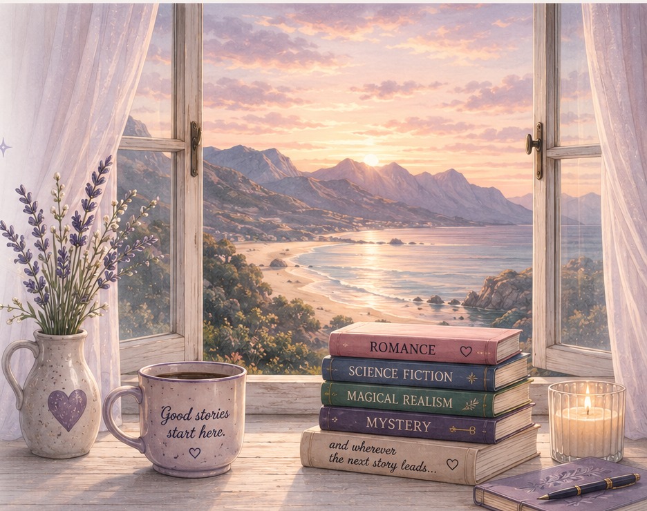 A peaceful beach and mountain landscape viewed from a cozy window