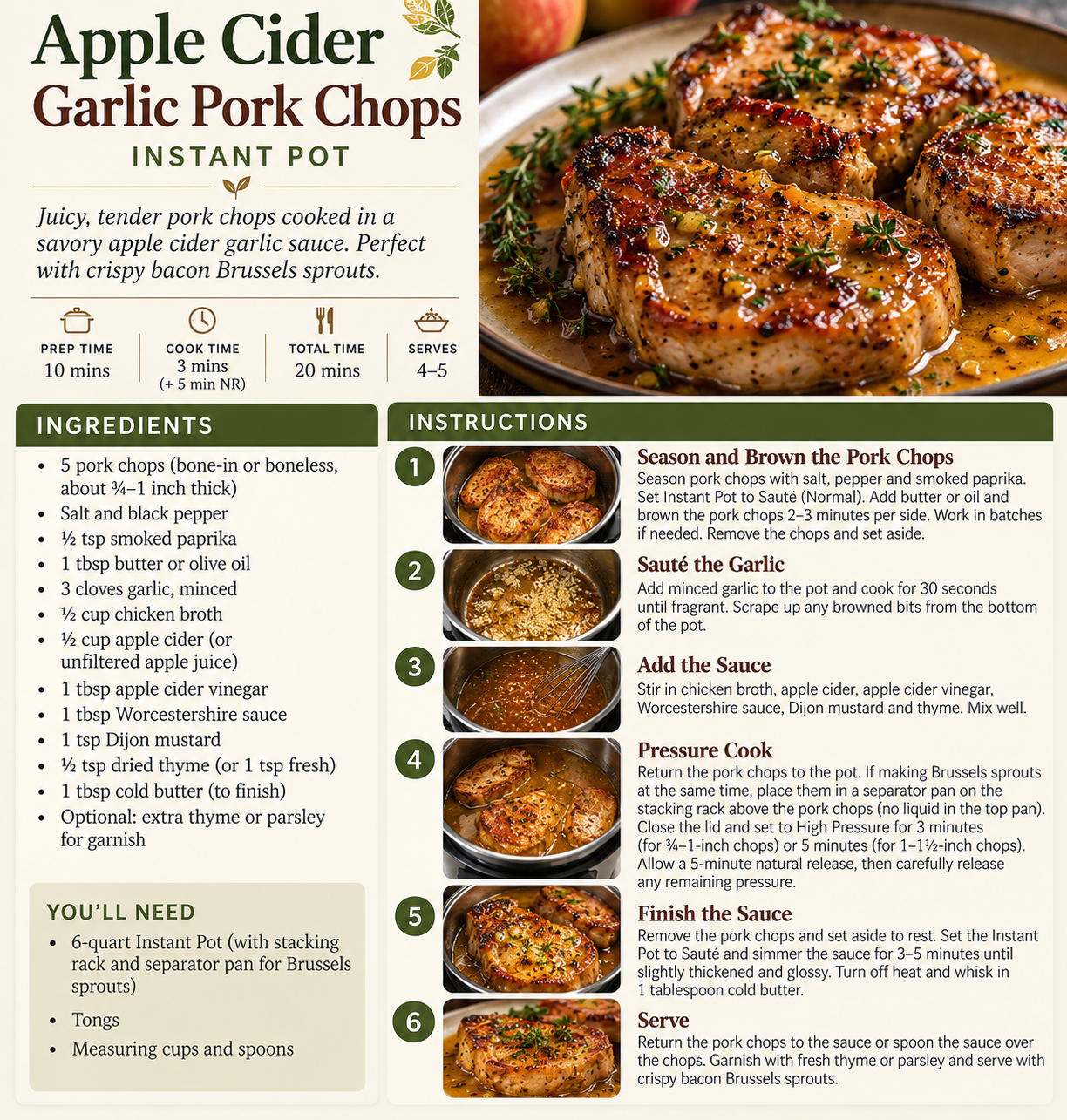 Full illustrated recipe card for Apple Cider Garlic Pork Chops