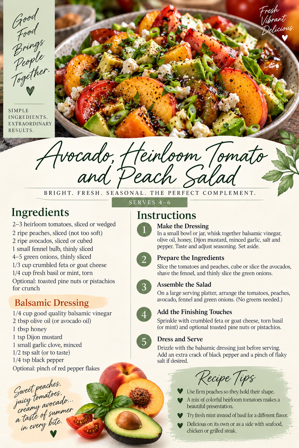 Avocado, Heirloom Tomato & Peach Salad recipe card