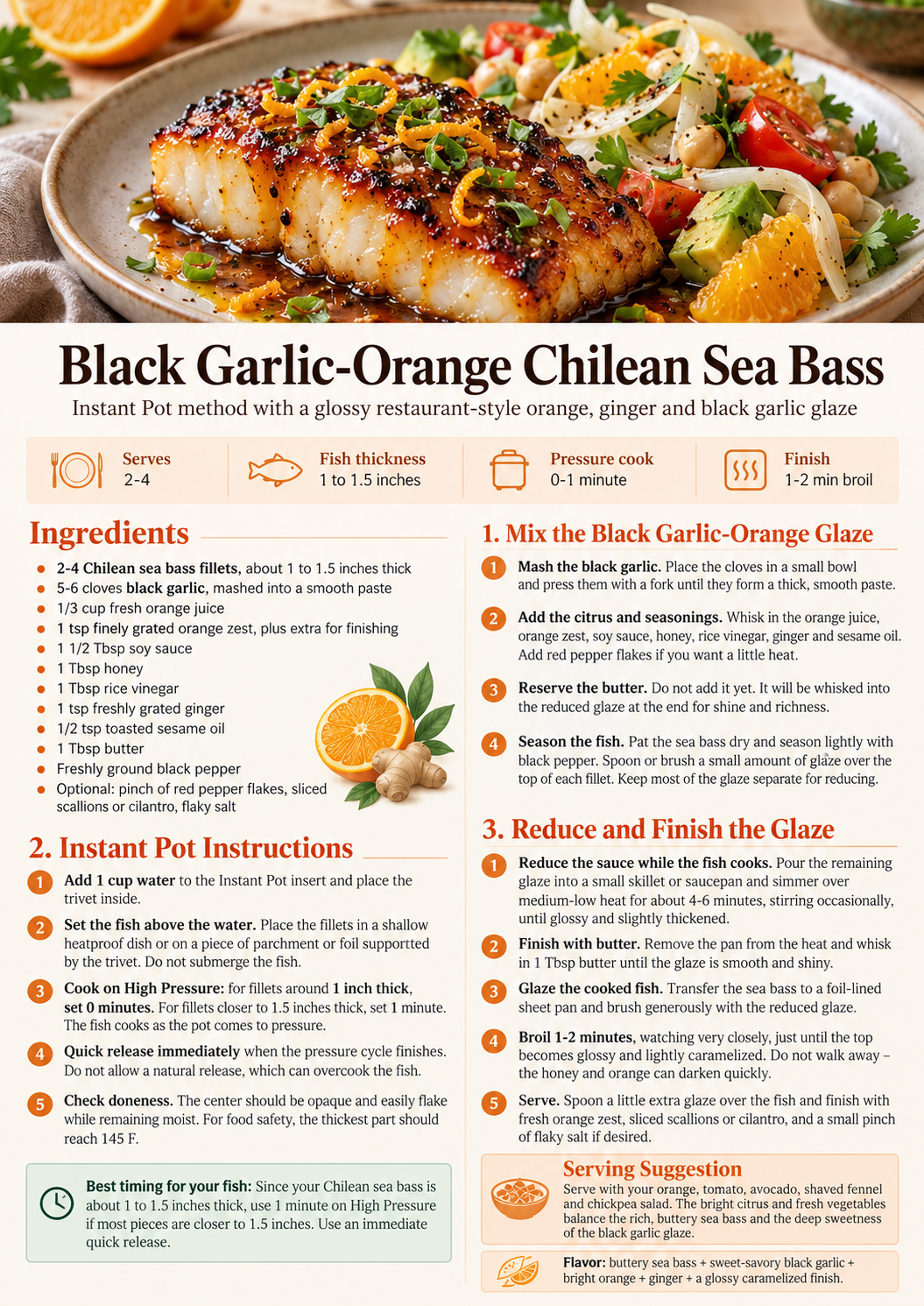Full illustrated recipe card for Black Garlic–Orange Chilean Sea Bass