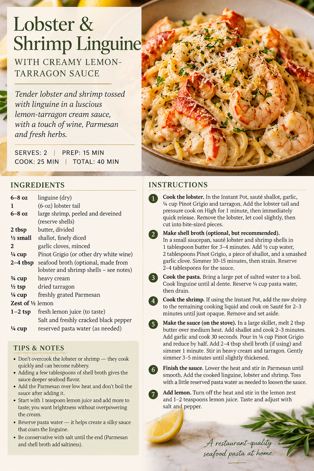 Full illustrated recipe card for Lobster & Shrimp Linguine